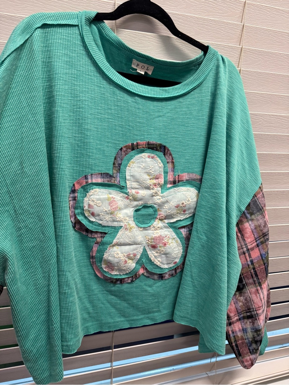 POL Turquoise Ribbed Knit Top with Floral Patch